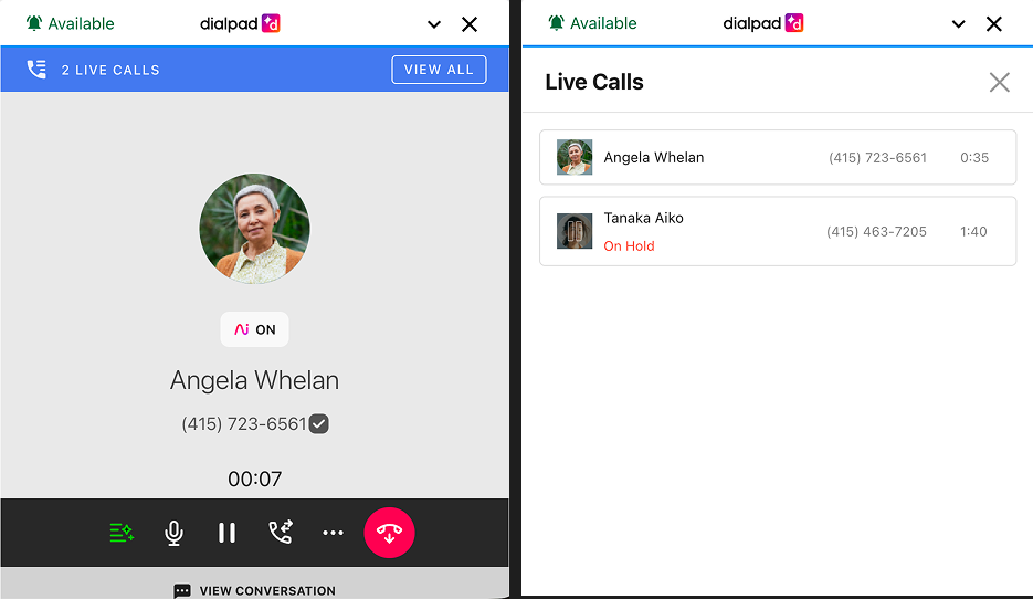 Dialpad interface showing two live calls with contact details and call duration.
